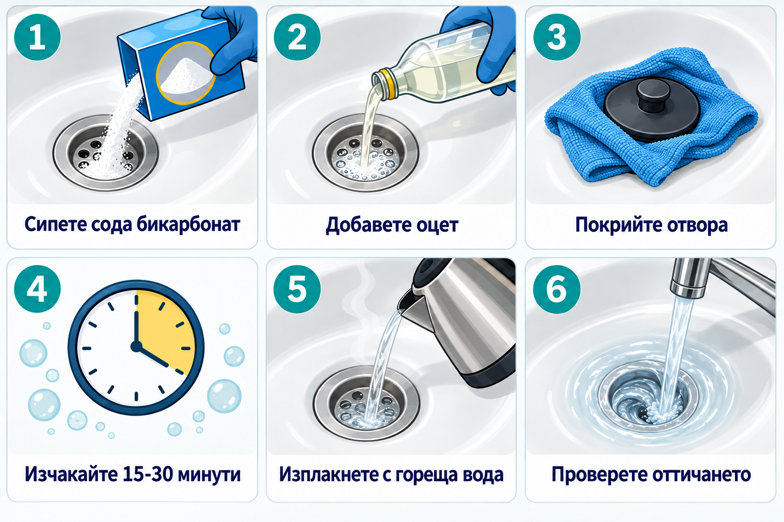 Отпушване на канал със сода бикарбонат и оцет в шест стъпки