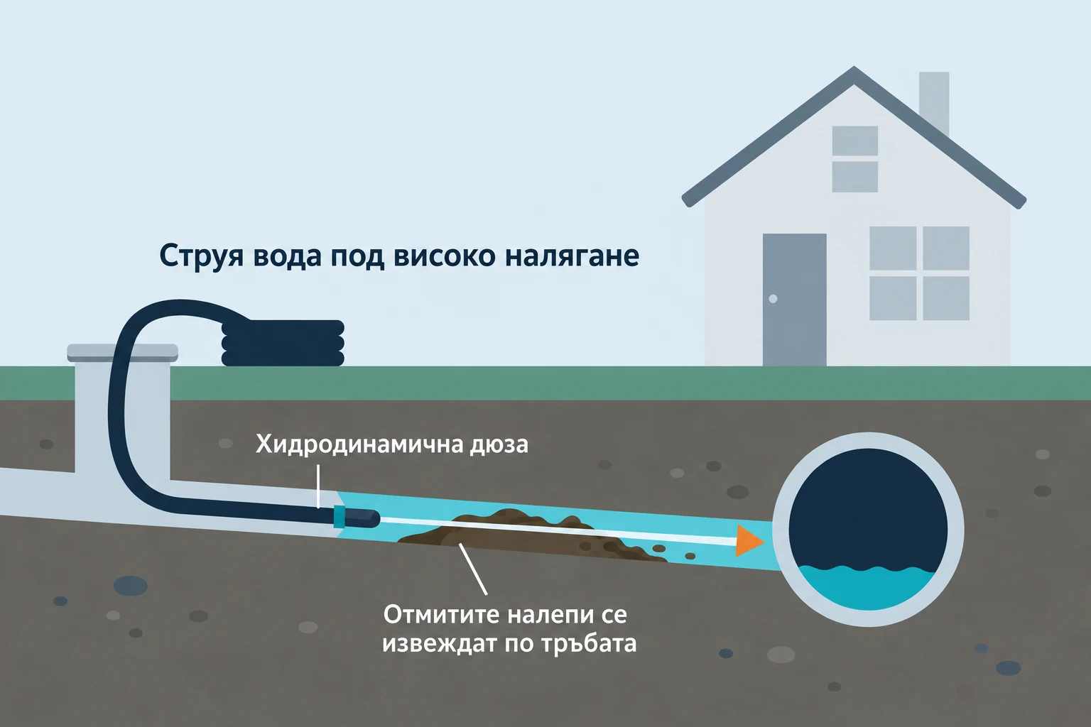 Хидродинамично отпушване на канали с вода под налягане през ревизионен отвор