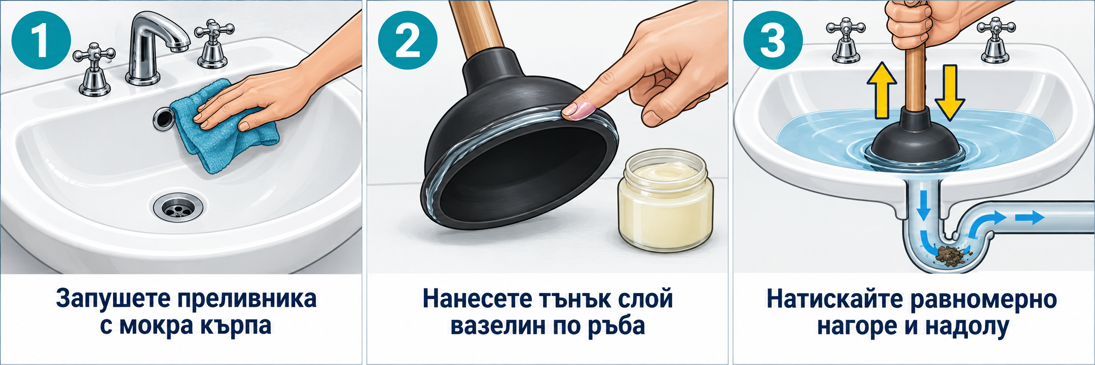 Отпушване на мивка с бутало в три стъпки